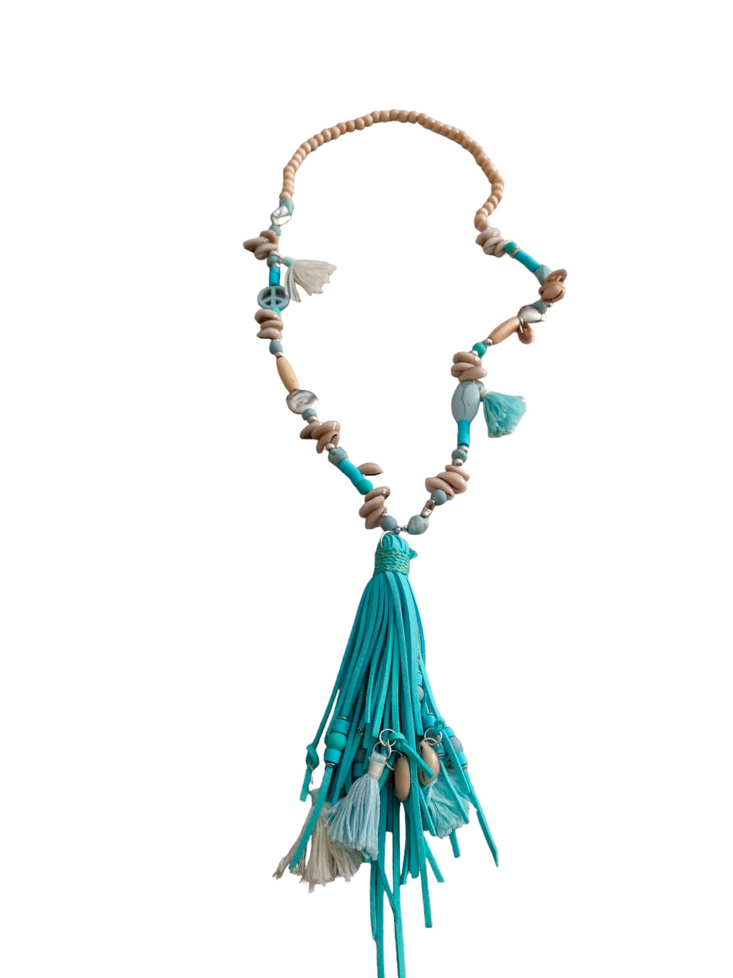 Kette Boho blau mit Wildlederfransen mittellang