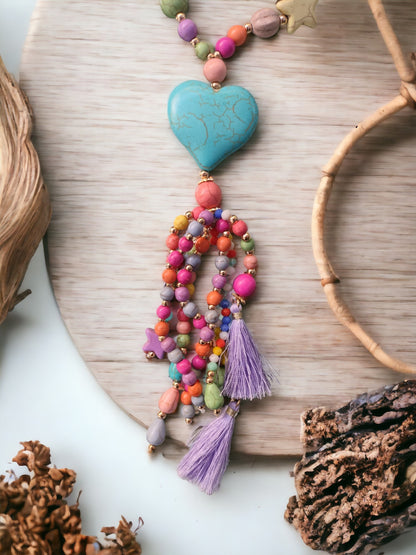 Kette Boho bunt mit blauem Herzanhänger lang